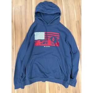 Columbia Mens Navy Blue American Flag Mountain Graphic Pullover Hoodie XXL